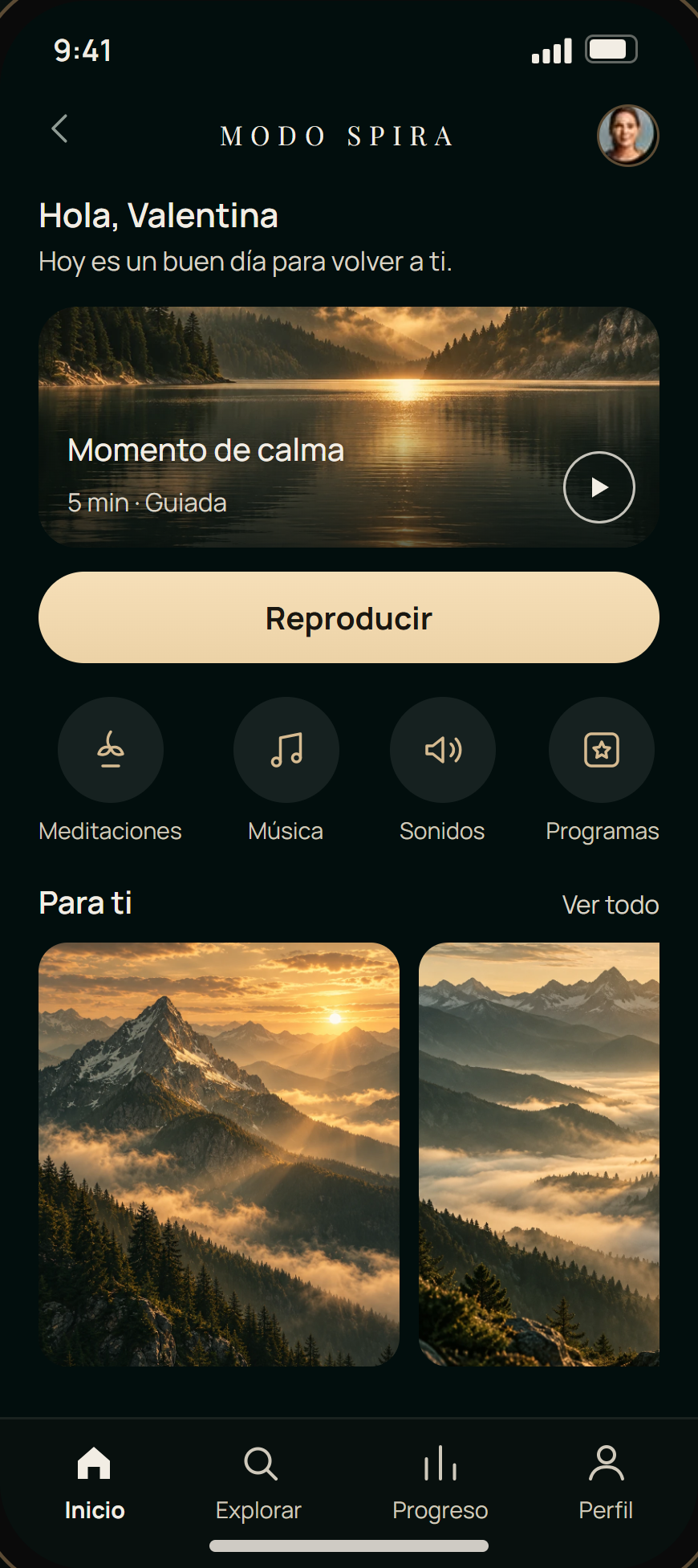 Pantalla de inicio de Modo Spira